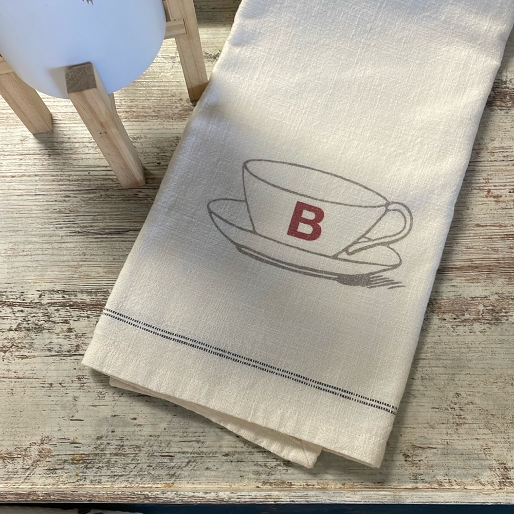 Pottery Barn Cream and Red Monogram Kitchen Linen